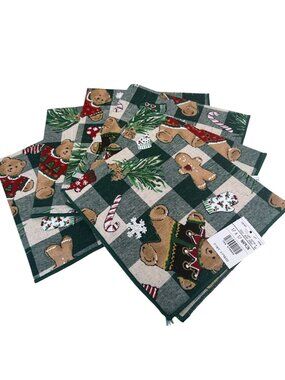 Vintage Christmas Napkins Set Of 6 Green Teddy Bear Check 17" Square NWT